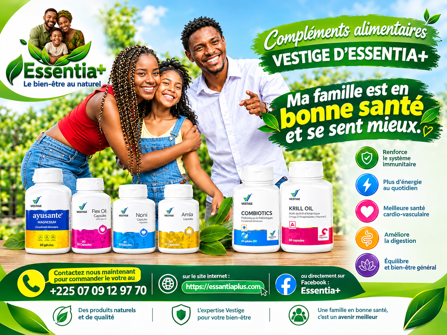 Affiche Essentia+ : compléments alimentaires Vestige pour toute la famille, bien-être au naturel